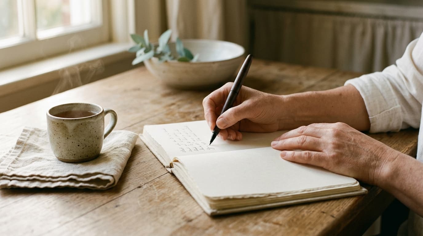 Warm hands writing in a linen-bound journal at a kitchen table, morning light streaming in, a ceramic mug of tea beside the journal.