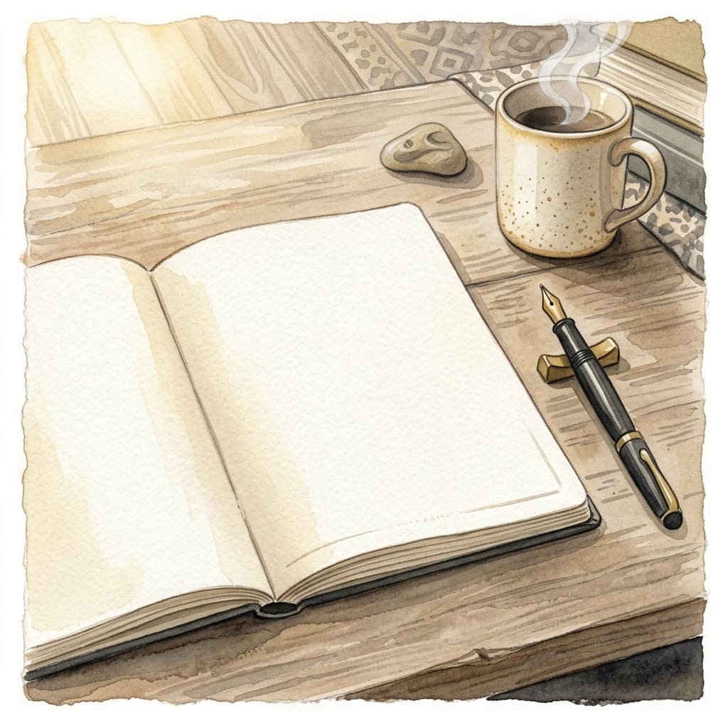 An open journal on a wood desk with a fountain pen resting beside it, and a ceramic mug of tea with steam rising. Calm afternoon light.